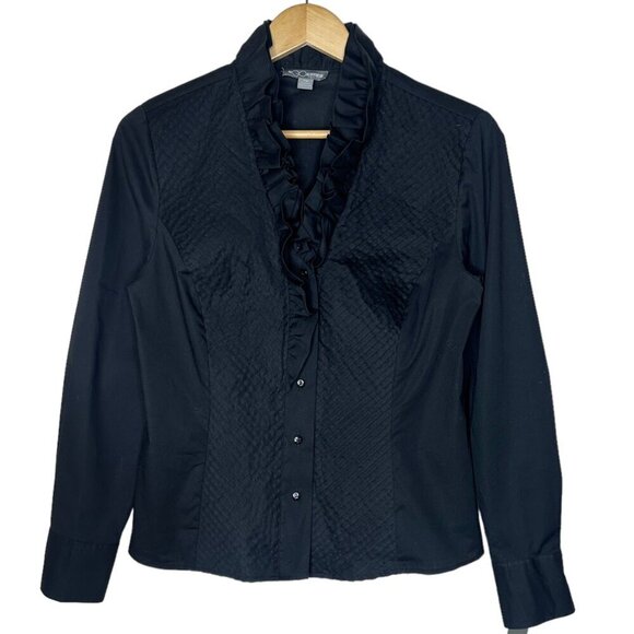 Go Silk Ruffle Collar Pintuck Button Up Blouse in Black Size MP - Picture 2 of 7
